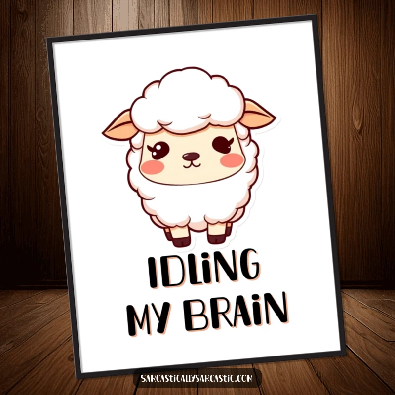 Funny kawaii sheep poster art featuring a vacant stare and a slight smirk, conveying playful mystery, a funny gift.
