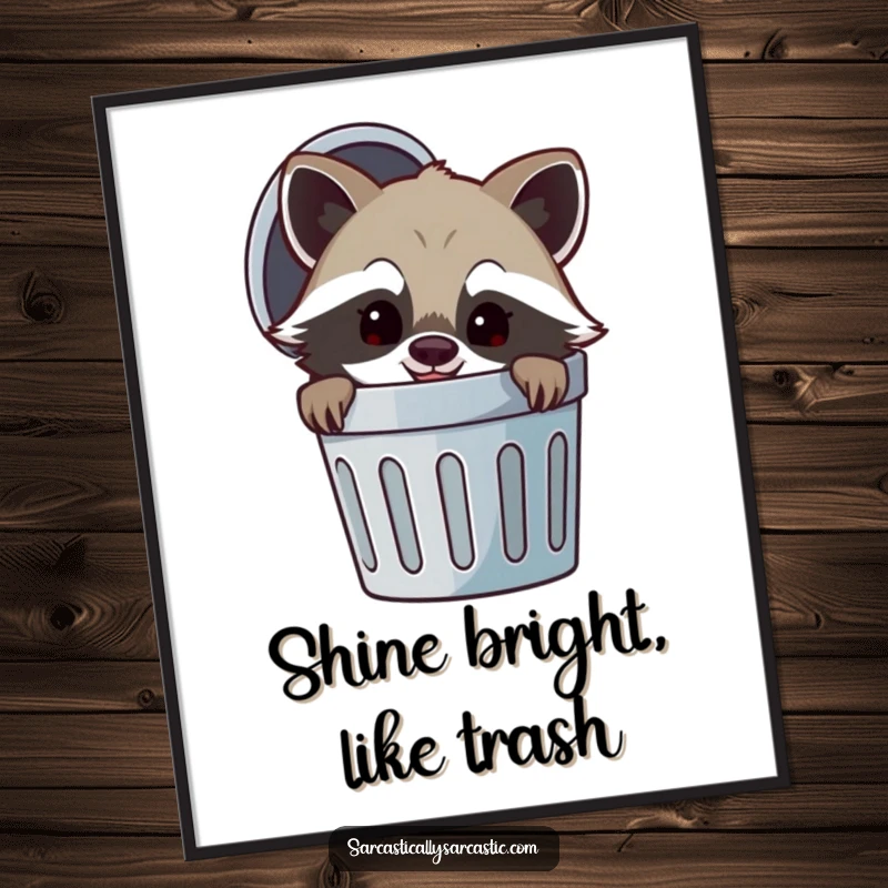 Funny poster featuring a cheerful raccoon peeking from behind a trash can with a mischievous smirk, adding a touch of playful mischief to any room.