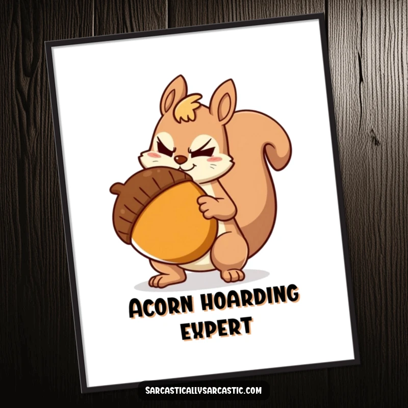 Funny Poster: Sarcastic squirrel with a knowing smirk and huge acorn, a hilarious piece of wall art for witty decor.