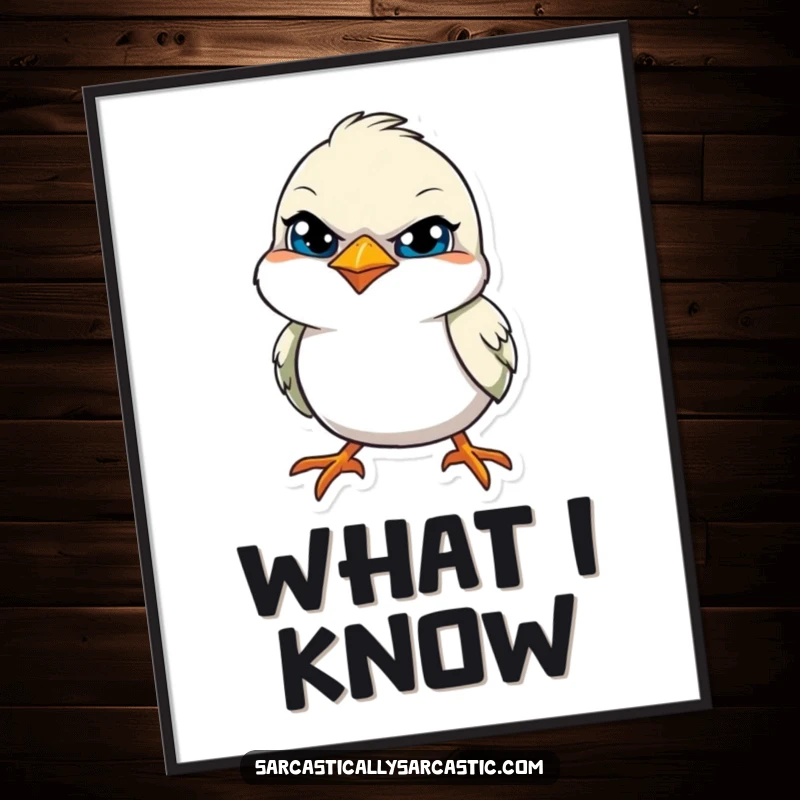 Funny poster depicting a bird with a tilted head and a knowing, sly smile, adding witty decor.