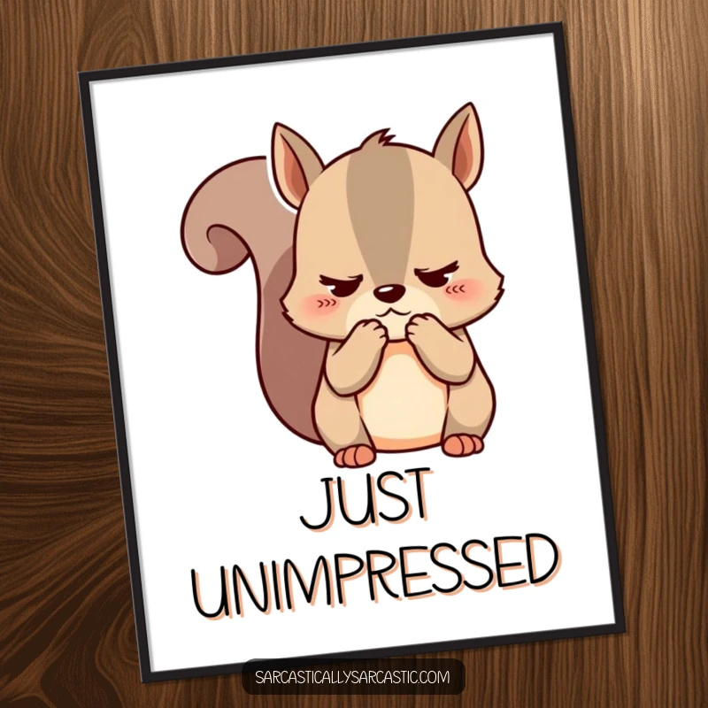 Funny kawaii squirrel poster featuring a cute character clutching cheeks, looking unimpressed, adding sarcastic charm to decor.