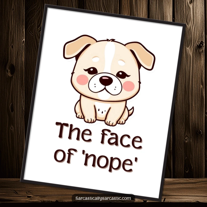 Funny kawaii dog poster, artfully displaying a character’s deadpan expression with slightly droopy ears, full of charm.