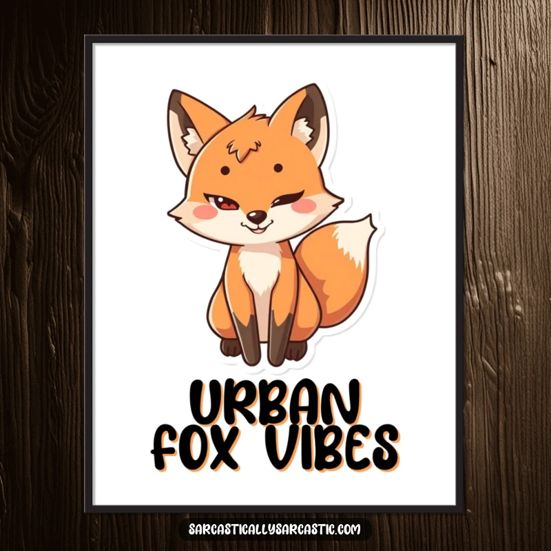 Funny poster print of a playful fox with a sly grin and its tail subtly wagging, symbolizing cunning.
