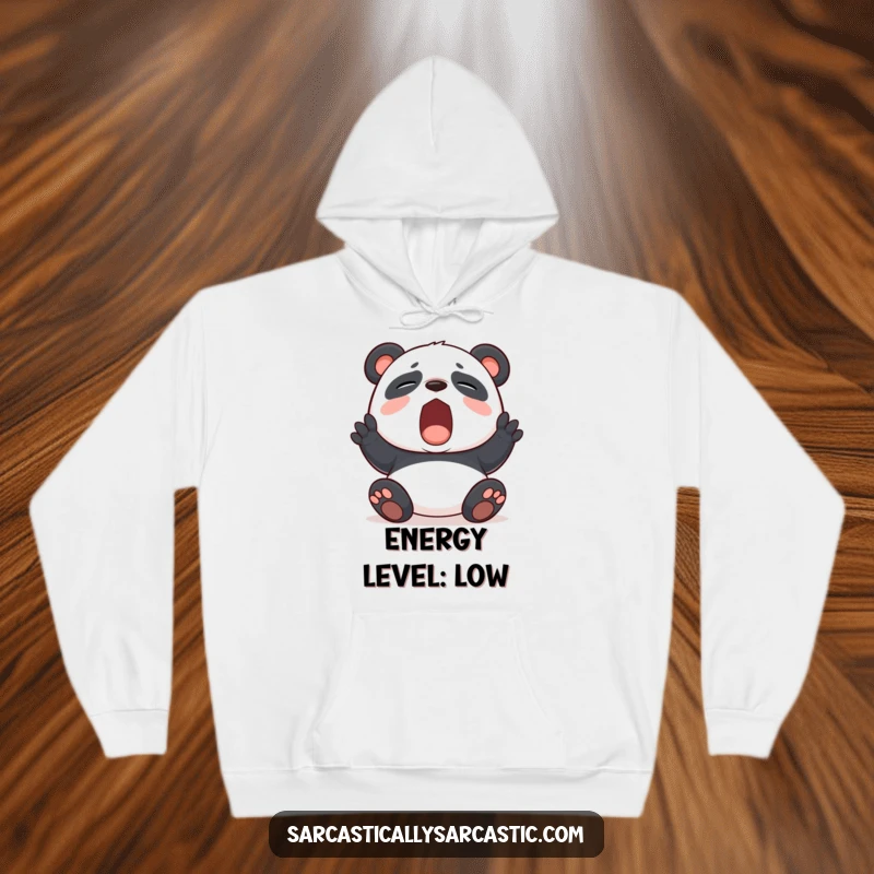 Funny panda yawning adorably on a cozy hoodie, embodying feigned boredom and ultimate comfort for a humorous look.