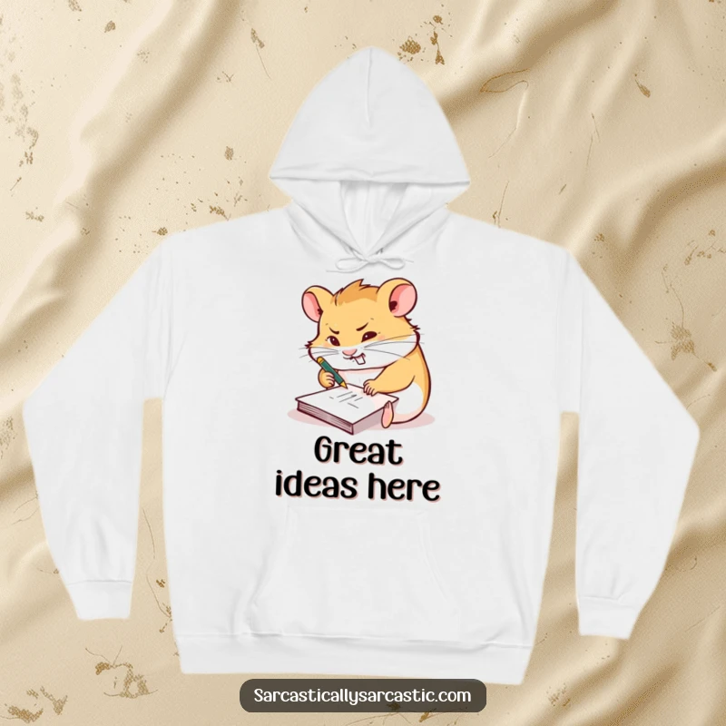 Funny hoodie showcasing a hamster furiously scribbling on a tiny notepad with a smirk, perfect for productive days.