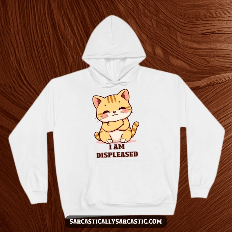 Funny hoodie featuring a kawaii cat with arms folded and a small pout, radiating cute stubbornness and humorous displeasure.