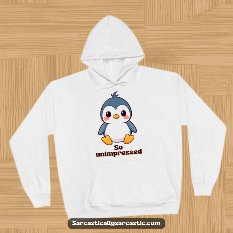 Funny kawaii penguin hoodie with a stoic, straight face, offering cozy comfort and a funny gift.