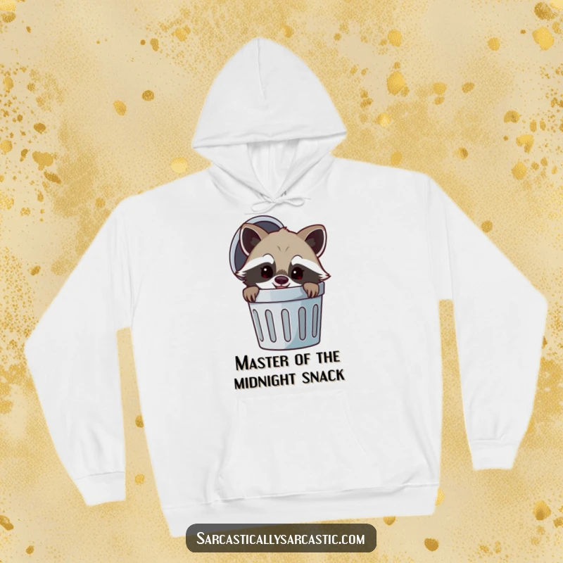 Funny hoodie featuring a mischievous raccoon peeking from behind a trash can, with a sly smirk, perfect for staying warm and witty.