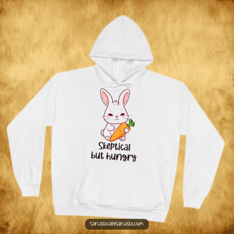 Funny Rabbit Hoodie: A rabbit raises an eyebrow skeptically at a carrot, offering cozy, humorous doubt.