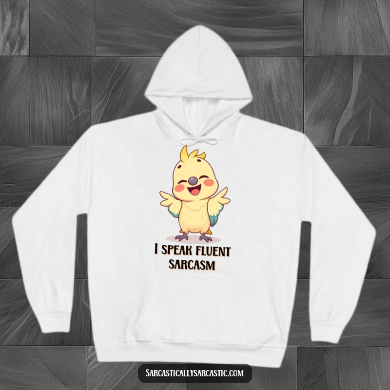 Funny parrot hoodie showcasing a happy bird making a comical, mimicked gesture, offering warmth and a hearty dose of laughter.