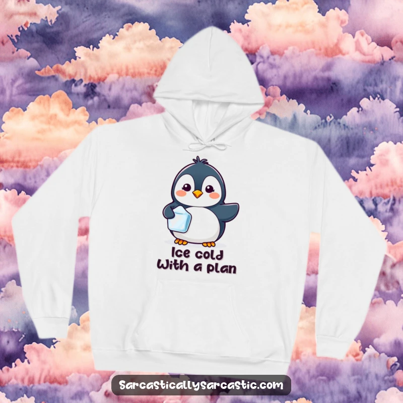 Funny hoodie with a cute kawaii penguin sporting a tiny smirk while holding a single ice cube.