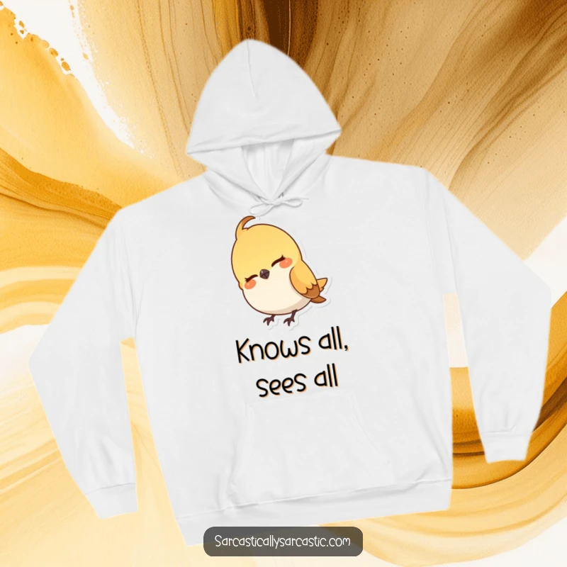 Funny hoodie showcasing a small bird character tilting its head with a subtle, knowing, and slightly smug expression.