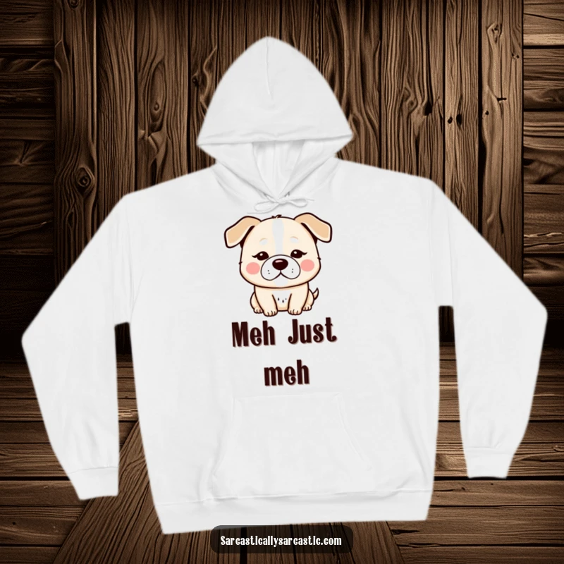 Funny kawaii dog hoodie, designed with a character’s deadpan expression and droopy ears, perfect for cozy humor.