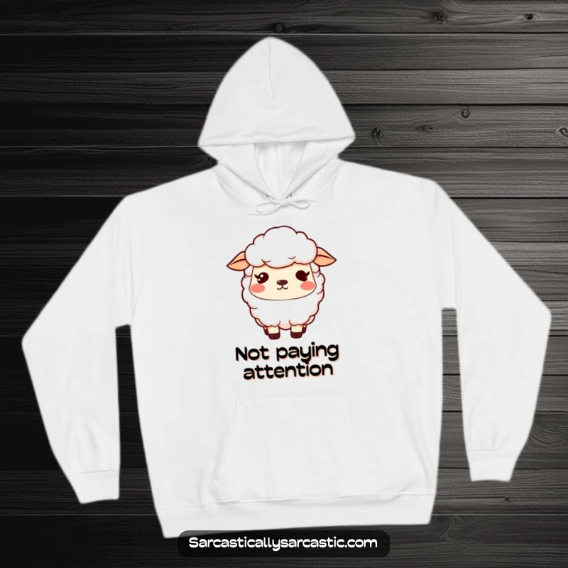 Funny kawaii sheep hoodie with a vacant stare and a slight smirk, offering cozy comfort and a funny gift.