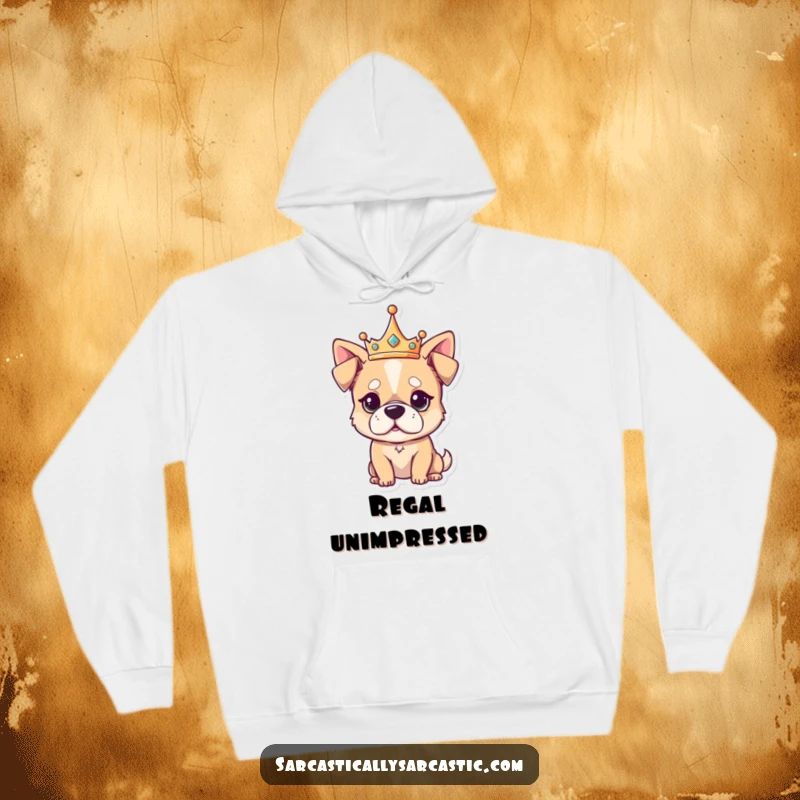 Funny Hoodie featuring a kawaii dog in a tiny crown, exuding an unimpressed, regal air, offering cozy sass and style.