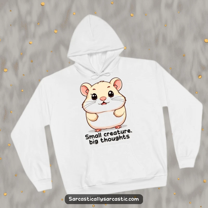 Funny hoodie featuring a cute hamster with a knowing smirk and bright, observant eyes, offering comfort and a touch of adorable intelligence.