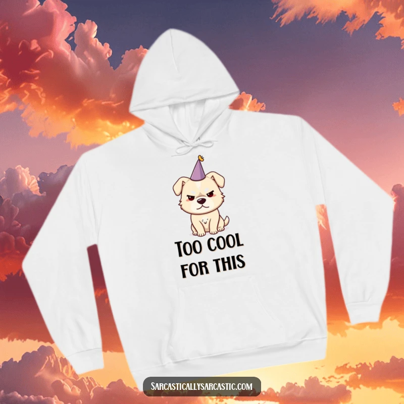 Funny dog hoodie, featuring a sarcastic dog in a tiny party hat with a knowing, cheeky smirk.