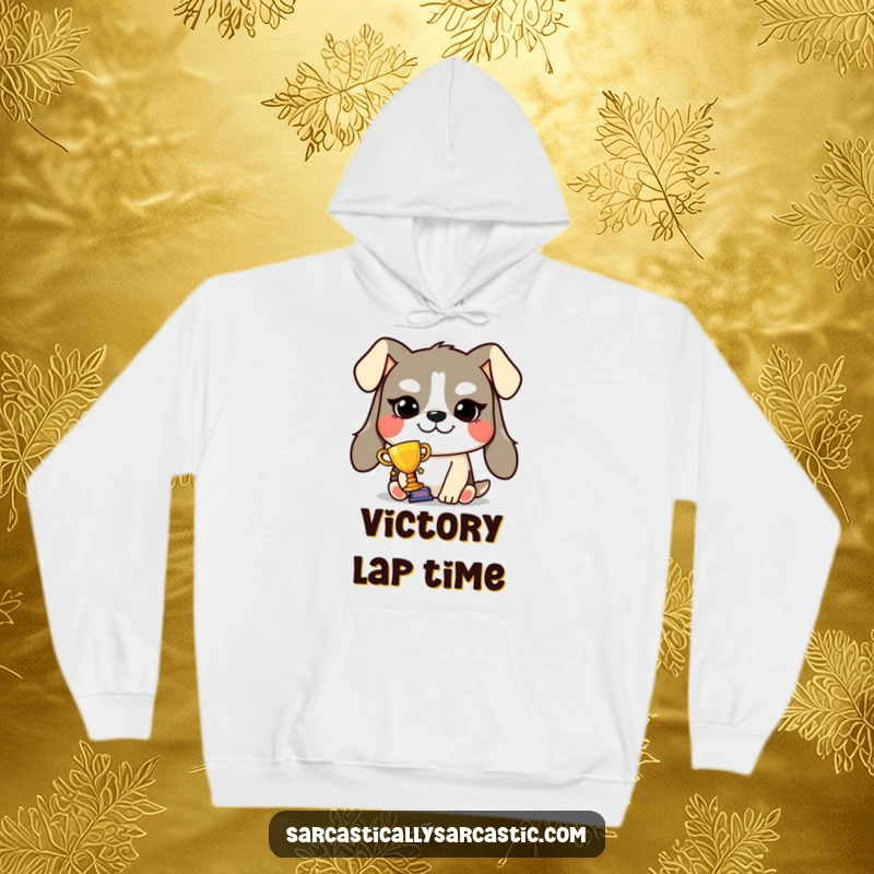 Funny smug dog trophy hoodie featuring a grinning dog holding a tiny trophy, perfect for champions who love comfort and pride.