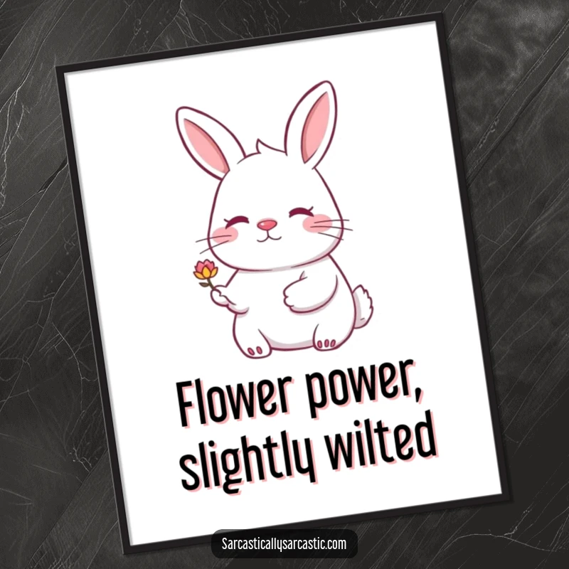 Funny Free Printable Wall Art of a rabbit with a knowing smile offering a small, drooping flower, perfect whimsical decor.