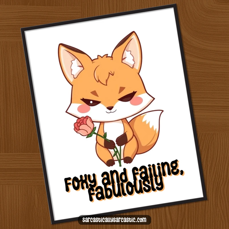 Free Printable Wall Art: A sly fox with a mischievous grin holds a single, slightly wilted flower.
