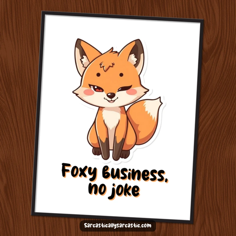 Funny Free Printable Wall Art of a playful fox character with a sly grin and its tail wagging subtly, exuding cleverness and charm.