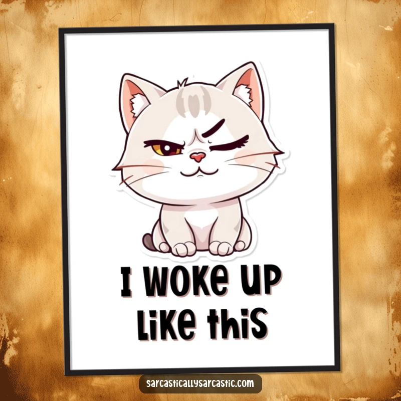 Funny Free Printable Wall Art: A cat character smirking with one eyebrow arched high, exuding confidence and playful mischief.