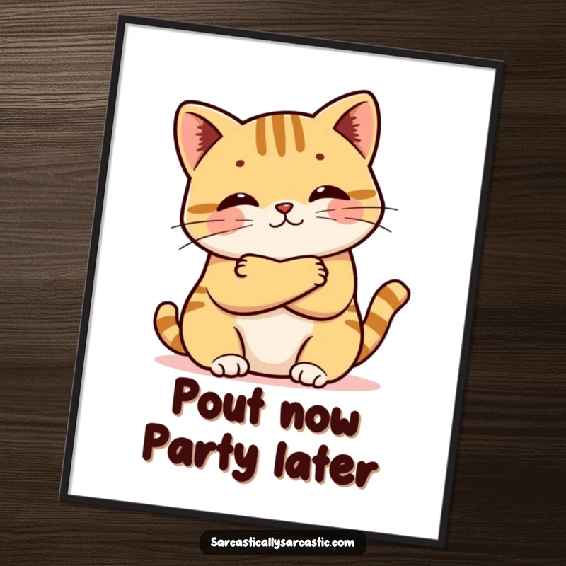 Funny Free Printable Wall Art: A kawaii cat crossing its arms and pouting adorably, a perfect blend of cute and grumpy.