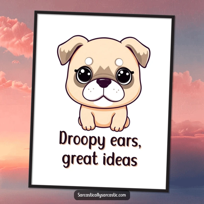 Funny Free Printable Wall Art: Kawaii dog with a completely deadpan expression and slightly drooping ears, exuding subtle humor. A unique decor piece.