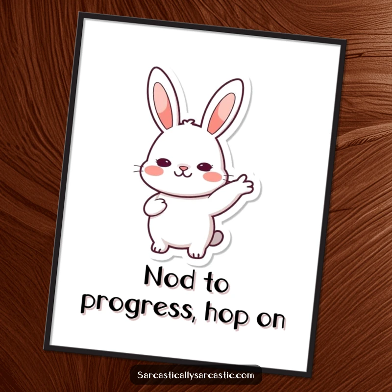 Funny Free Printable Wall Art: Kawaii rabbit giving a slow, deliberate nod, embodying thoughtful approval and gentle humor. A serene piece.