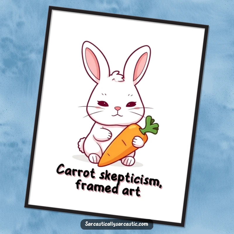Funny Free Printable Wall Art of a rabbit raising an eyebrow skeptically while looking at a carrot.
