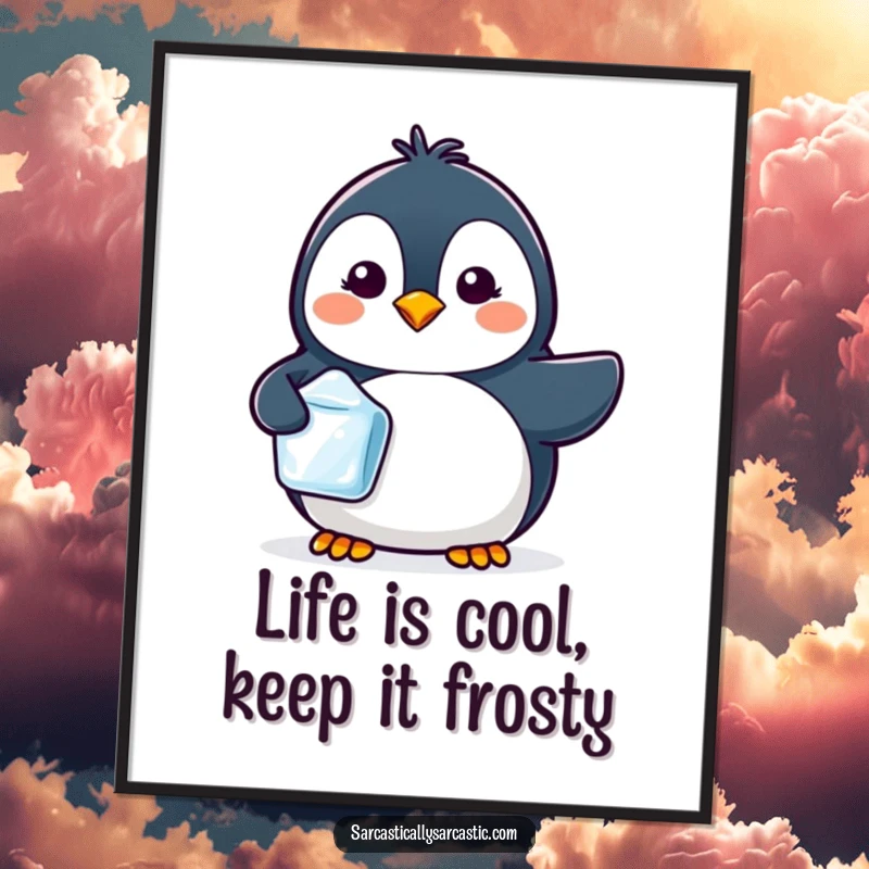 Funny Free Printable Wall Art showing a kawaii penguin holding a single ice cube while sporting a subtle, knowing smirk.