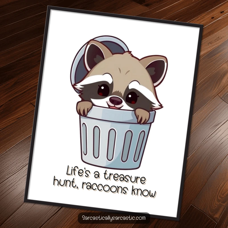 Free Printable wall art of a cheerful raccoon peeking from a trash can with a mischievous smirk, adding fun.