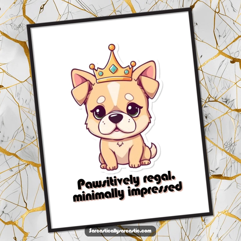Funny Free Printable Wall Art of a cute kawaii dog adorned with a tiny crown, exuding an air of supreme unimpressed royalty.