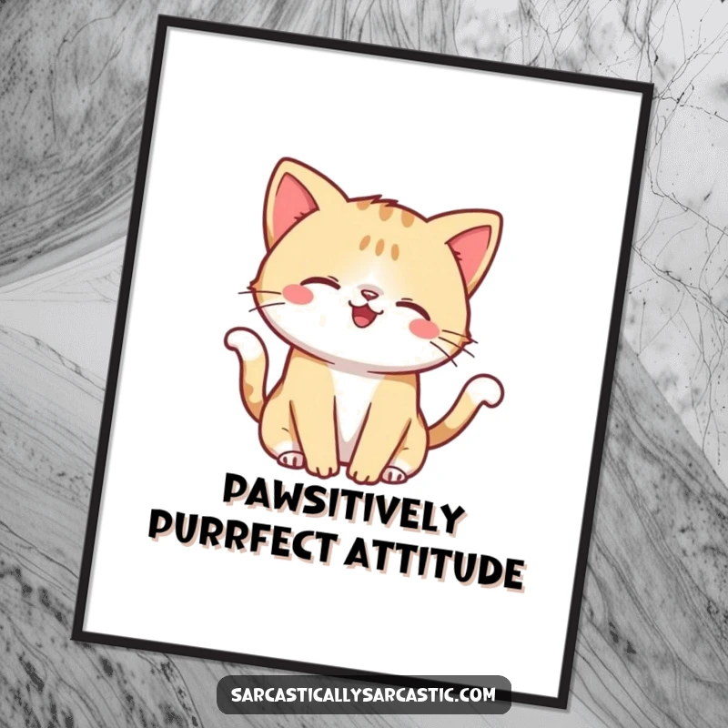 Funny Free Printable Wall Art: Kawaii cat with a mischievous smirk playfully flicking its tail, exuding confident charm.