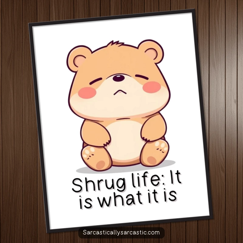 Funny Free Printable Wall Art of a bear shrugging with a faint, unimpressed smirk, perfect for adding dry wit to decor.