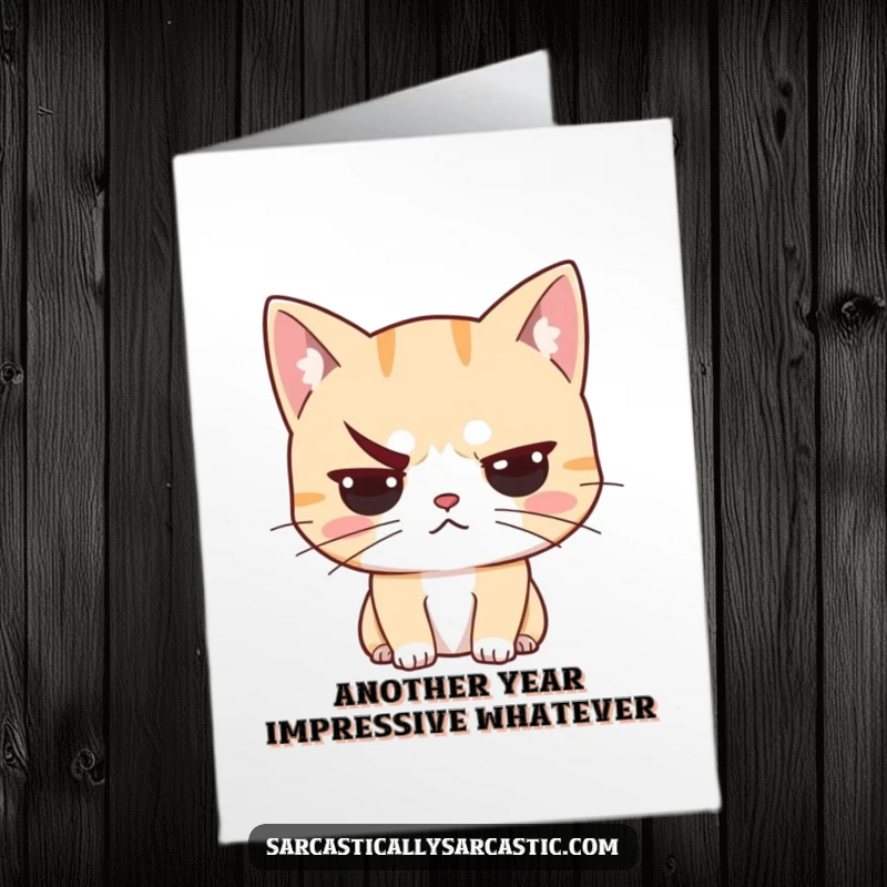 Funny Free Printable Birthday Card showing a cat character raising one eyebrow skeptically, looking utterly unimpressed with the festivities.