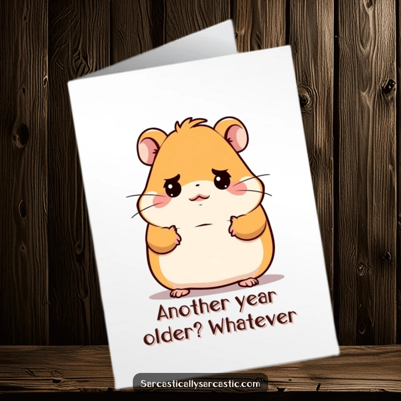 Funny Free Printable Birthday Card: Kawaii hamster shrugging with a deadpan expression, a humorously relatable birthday wish.