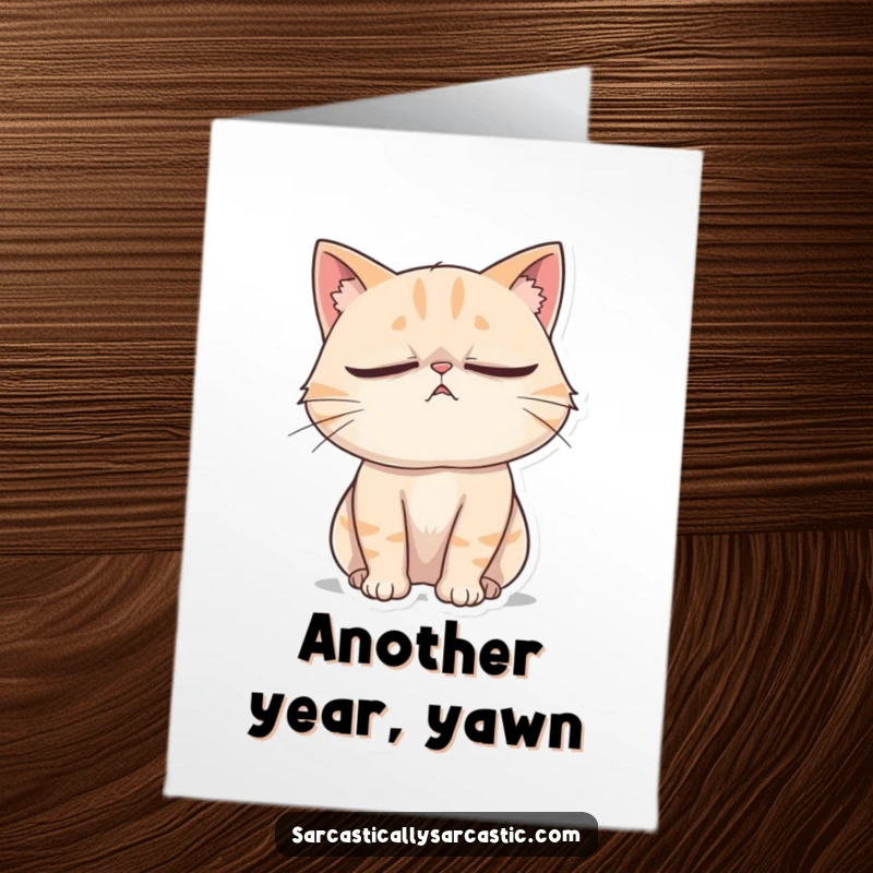 Funny Free Printable Birthday Card featuring a cat rolling its eyes dramatically while letting out a sigh.