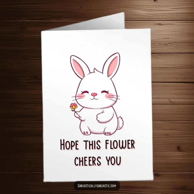 Funny Free Printable Birthday Card: a rabbit with a knowing smile offers a small, drooping flower, sweet yet amusing.