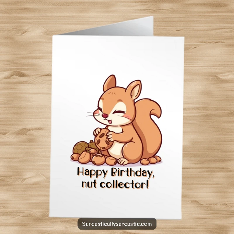 Funny Free Printable Birthday Card featuring a mischievous squirrel with a sly glint, busy hiding a pile of nuts.
