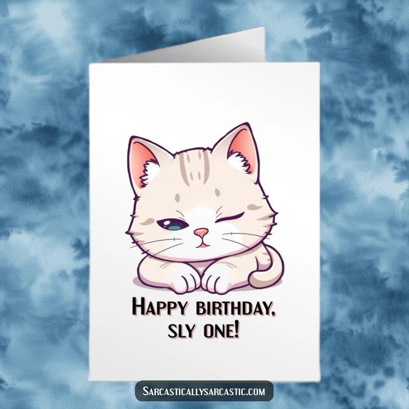Funny Free Printable Birthday Card: A cat feigning sleep, but peeking with one mischievous eye open.
