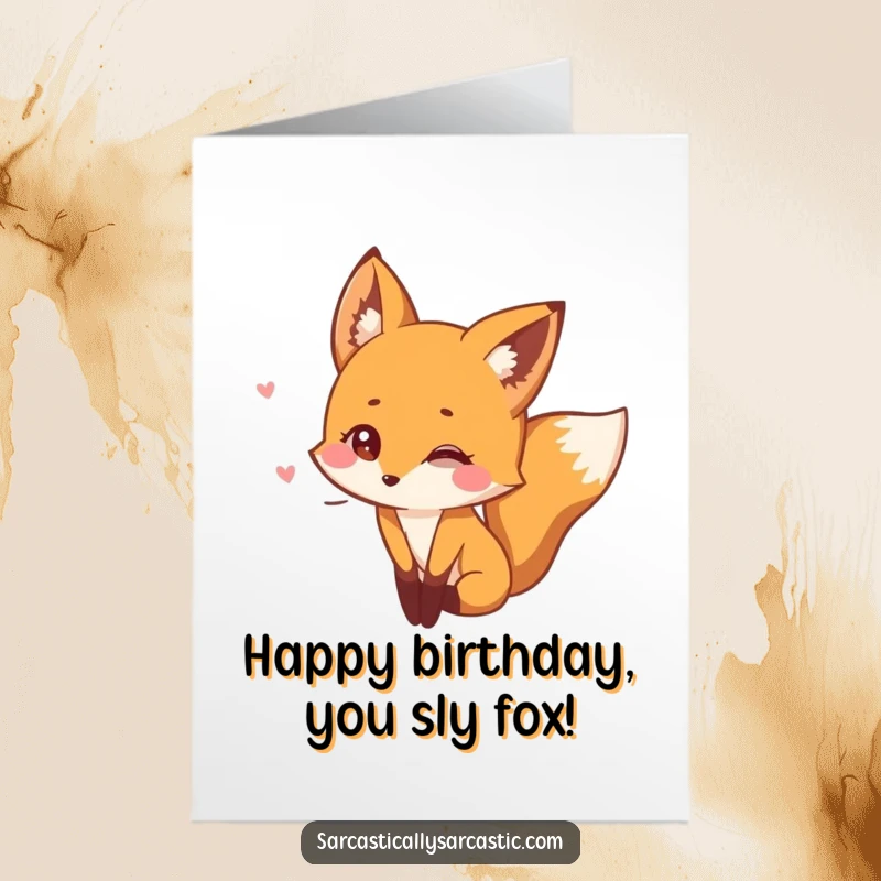 Funny Free Printable Birthday Card: Fox with twinkling eyes whispering a secret, sharing playful birthday gossip and intrigue.