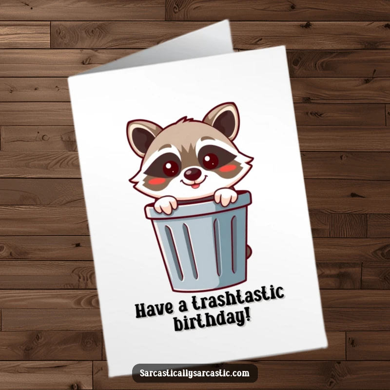 Funny Free Printable Birthday Card: A cheerful raccoon peeking from a trash can with a mischievous smirk, ready to celebrate.