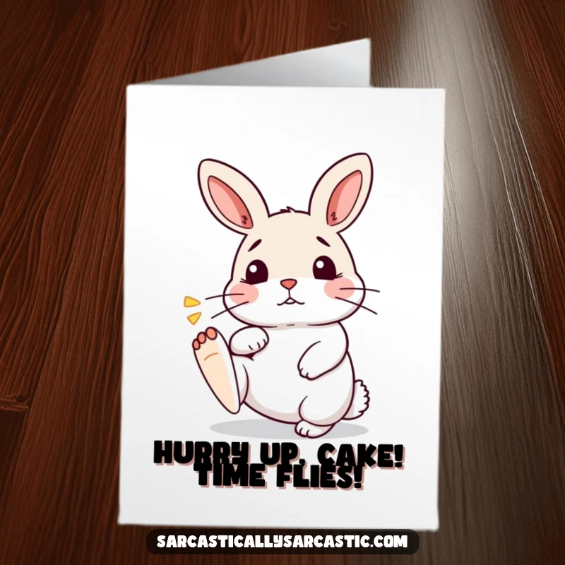 Funny Free Printable Birthday Card: Impatient kawaii rabbit tapping its foot with a sigh, ready for a laugh.
