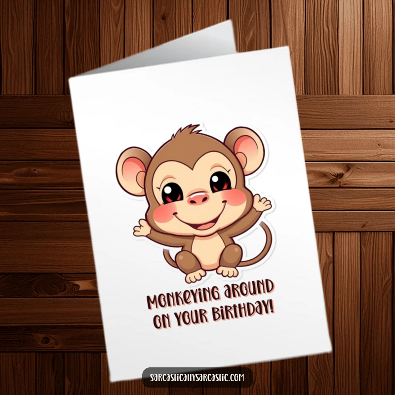 Funny Free Printable Birthday Card with a playful monkey character making a silly, exaggerated face, ready for birthday mischief.