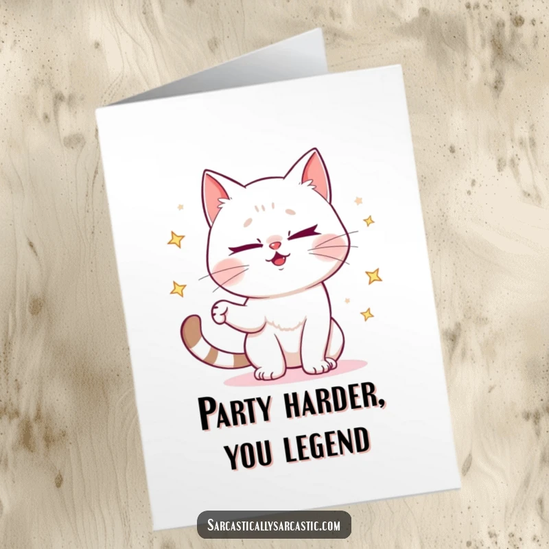 Funny Free Printable Birthday Card: A cat winks mischievously while expertly juggling shiny, sparkling objects.