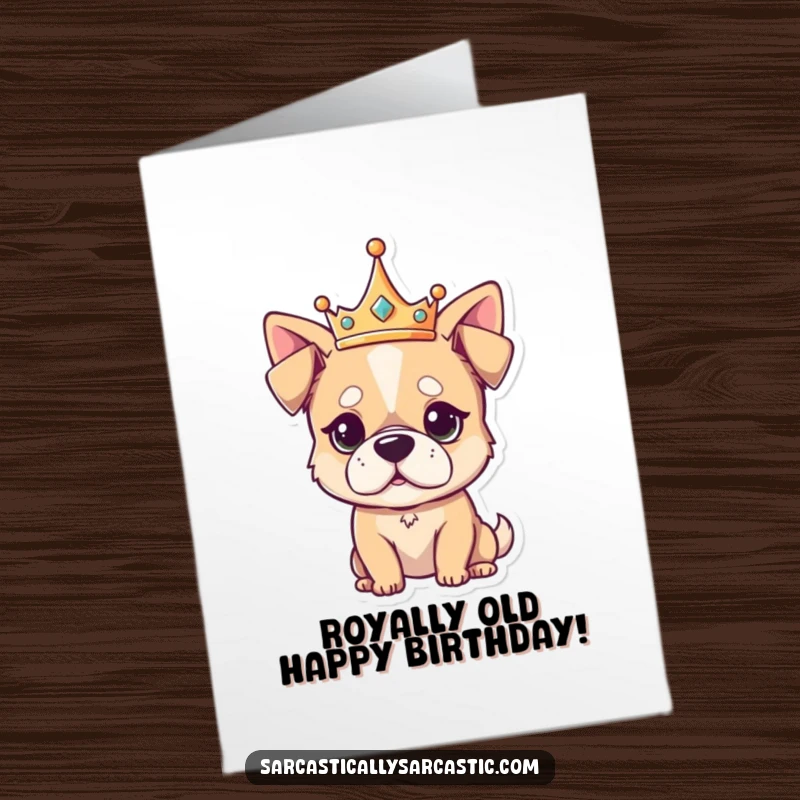Funny Free Printable Birthday Card, a cute kawaii dog wearing a tiny crown, looking utterly unimpressed by the occasion.
