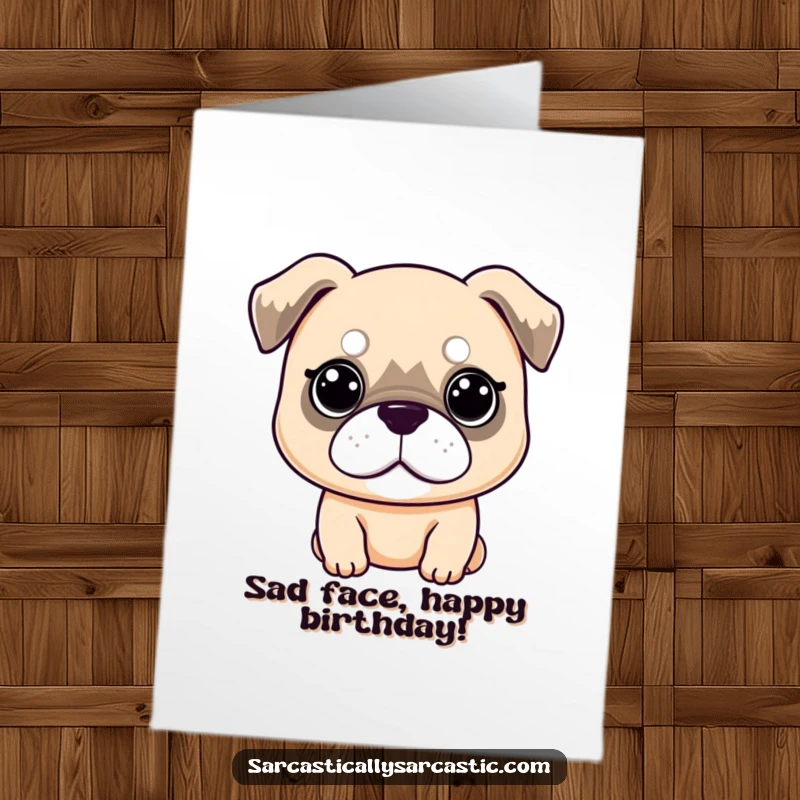 Funny Free Printable Birthday Card: Kawaii dog with a perfectly deadpan expression and slightly droopy ears, offering birthday wishes. A unique card.