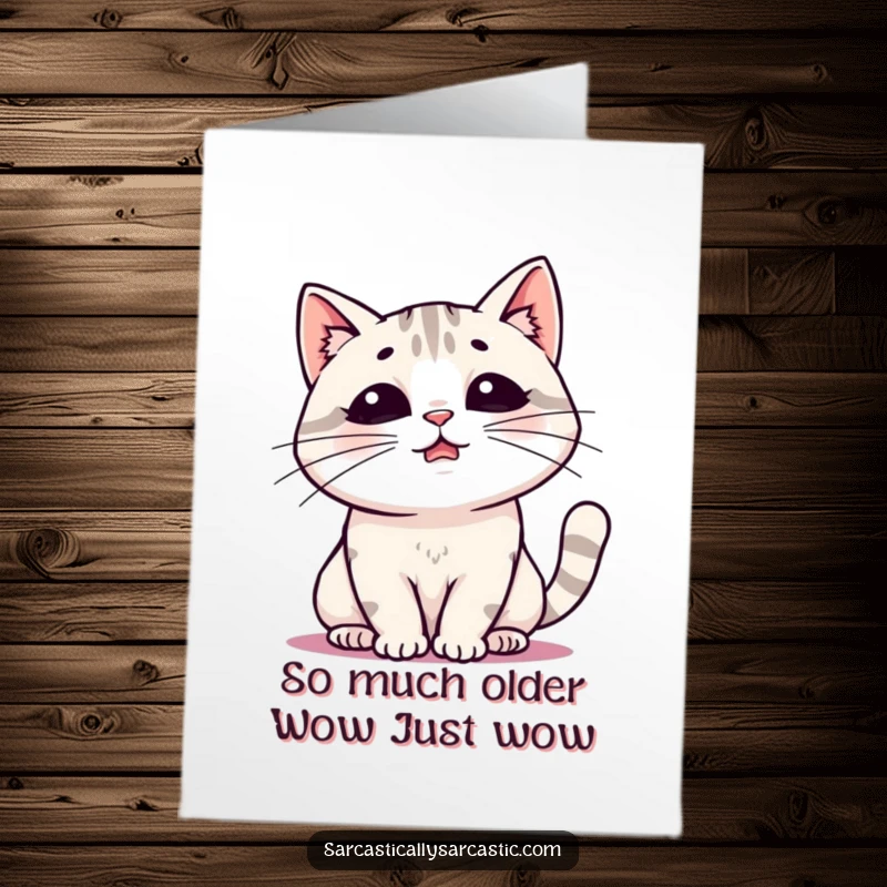 Funny Free Printable Birthday Card: Kawaii cat dramatically sighing, conveying utter exhaustion and relatability. Perfect for a weary friend.