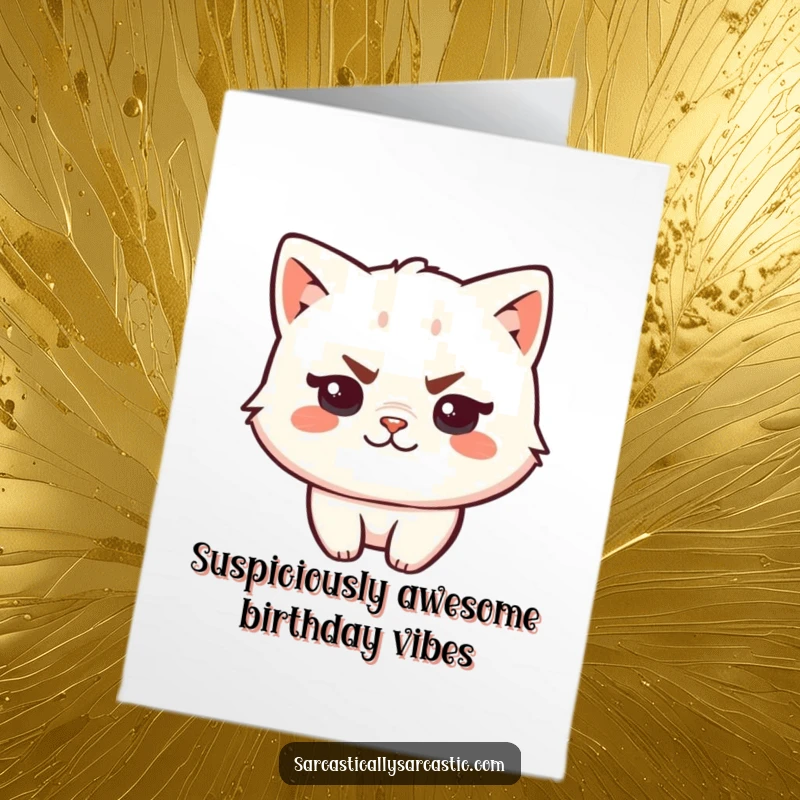 Funny Free Printable Birthday Card featuring a kawaii cat with a raised eyebrow and a mischievous smirk, ready to celebrate.